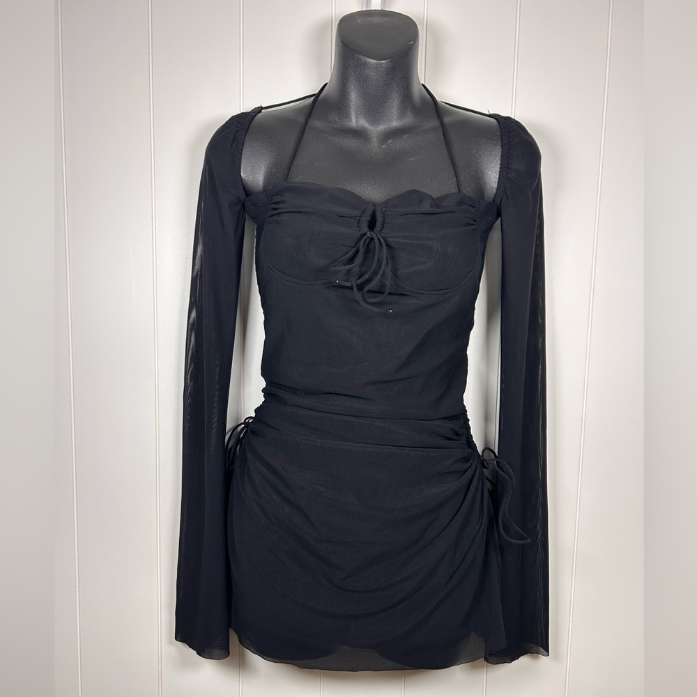 Black Sheer Mesh Ruched Mini Dress Bell Sleeve Size M